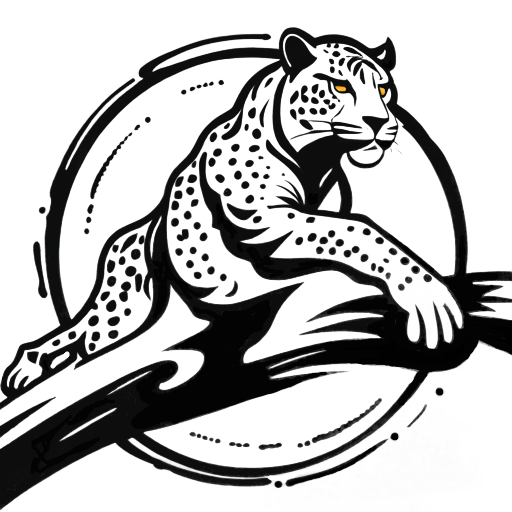 Line drawing of a Leopard on a tree branch with glowing eyes